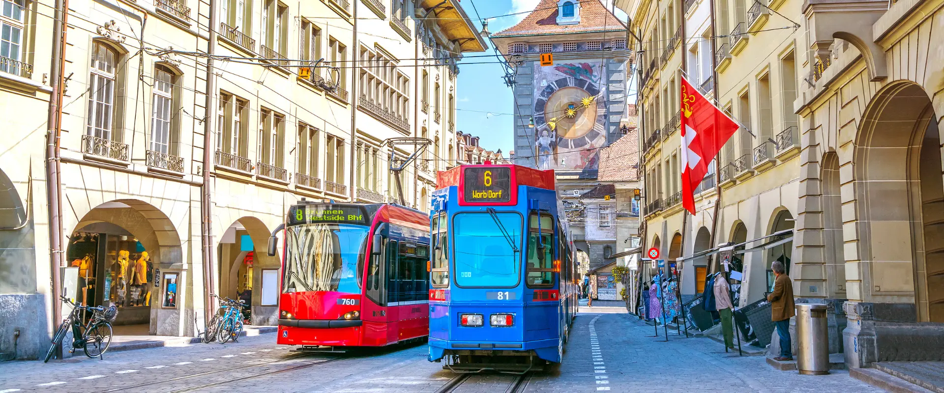 Bern old town with trams during nice weather
