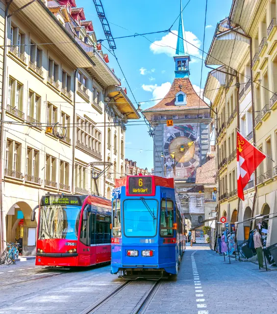Bern old town with trams during nice weather