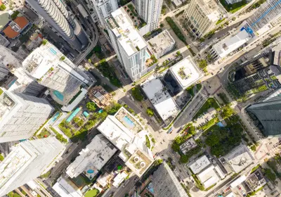 Aerial view of a city district showing hotels and urban infrastructure