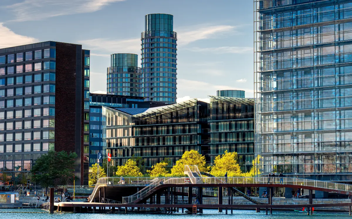 Modern glass office and hotel buildings line the Copenhagen waterfront, with a harbour pier in the foreground and the Danish flag visible among autumn trees, reflecting the city