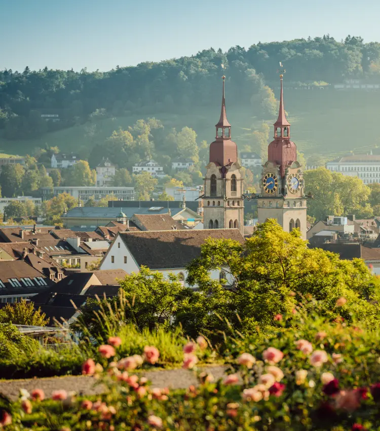 alt text for this image please16:07Panoramic view of Winterthur city centre featuring the twin towers of the Stadtkirche rising above rooftops, surrounded by lush green trees and rose gardens with wooded hills in the background.